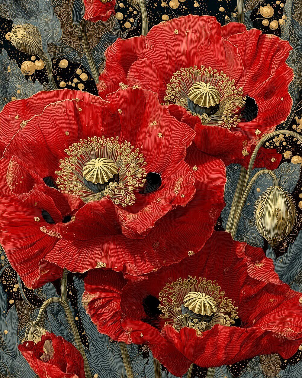 Red Poppy with Golden Stamens Diamond Painting