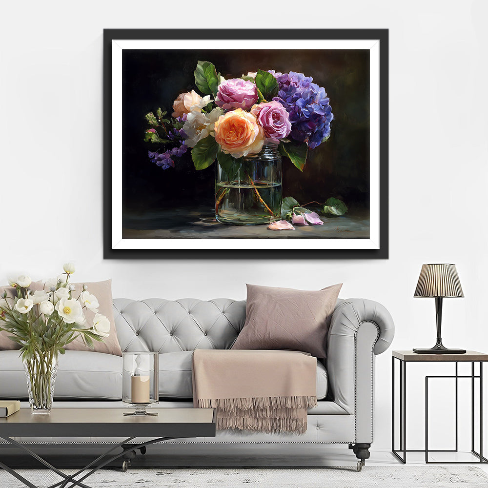 Roses and Hydrangeas in a Glass Vase Diamond Painting