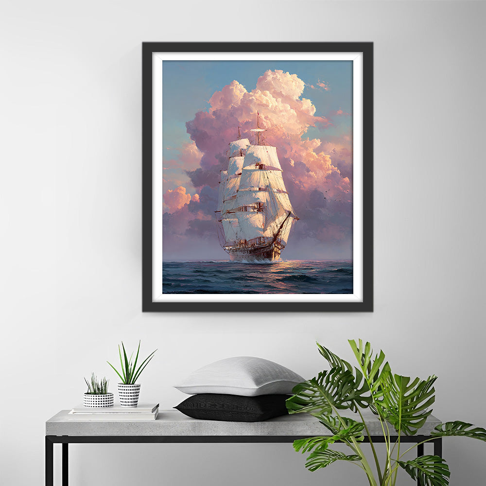 Sailing Ship at Sea under Pink Clouds Diamond Painting