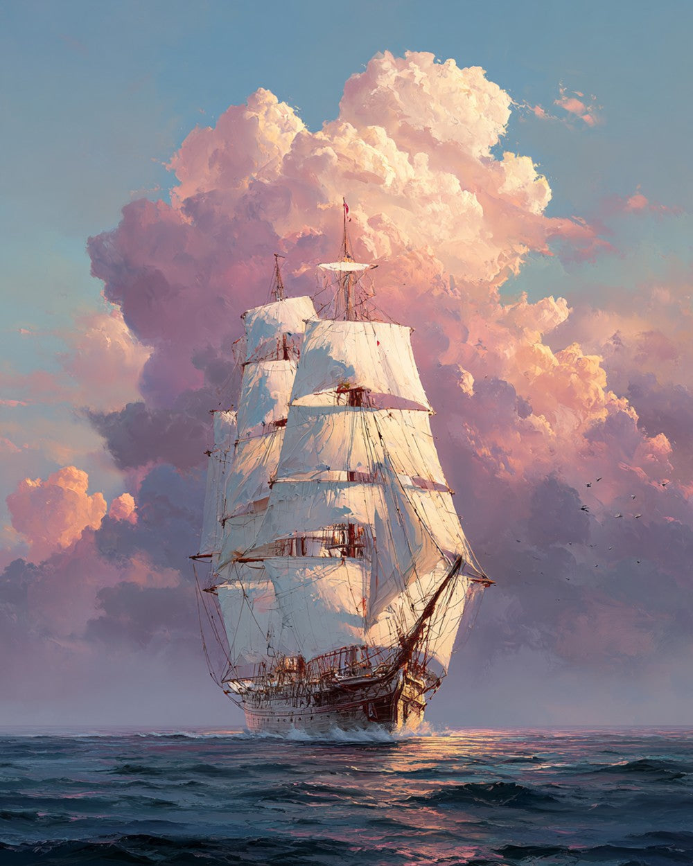 Sailing Ship at Sea under Pink Clouds Diamond Painting