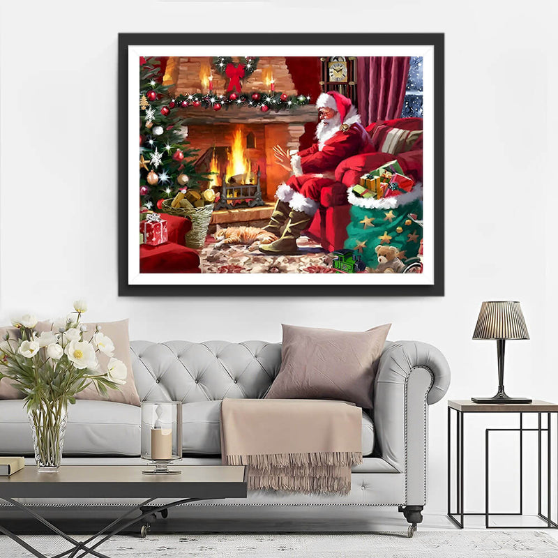 Santa Claus and Christmas Tree by the Fireplace Diamond Painting