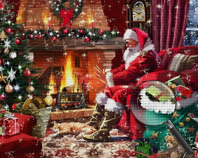 Santa Claus and Christmas Tree by the Fireplace Diamond Painting