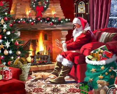 Santa Claus and Christmas Tree by the Fireplace Diamond Painting