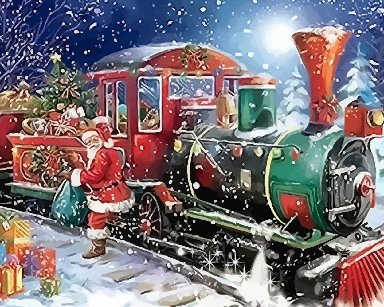 Santa Claus and Train in the Snow Diamond Painting