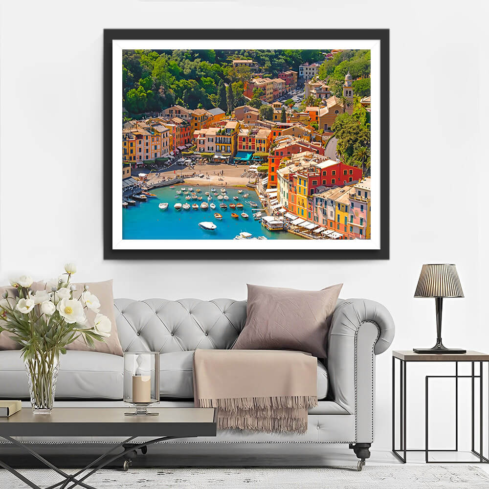 Seaside City and Boats Diamond Painting