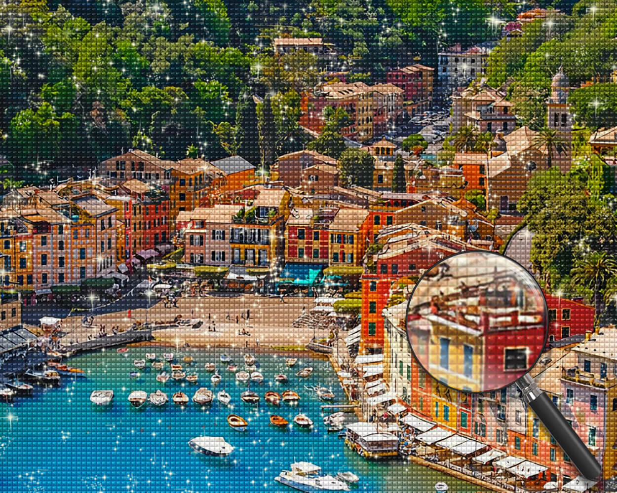 Seaside City and Boats Diamond Painting