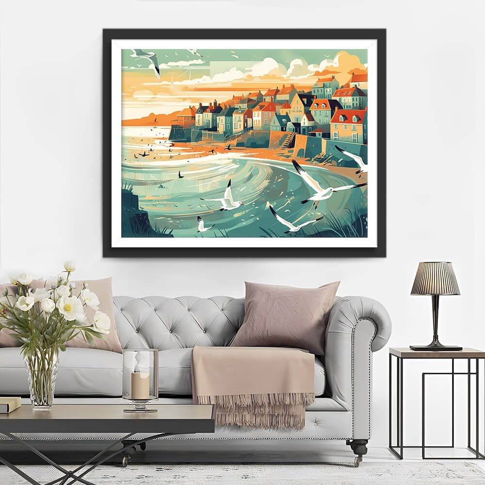 Seaside City and Seagulls Diamond Painting