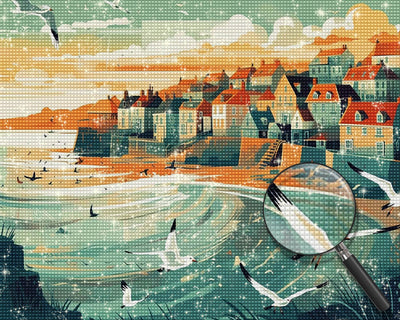 Seaside City and Seagulls Diamond Painting