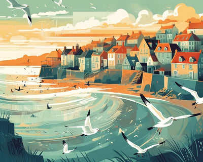 Seaside City and Seagulls Diamond Painting