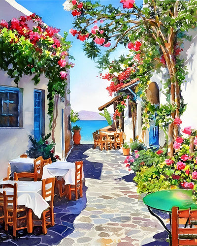 Seaside Town and Flower Tree Diamond Painting