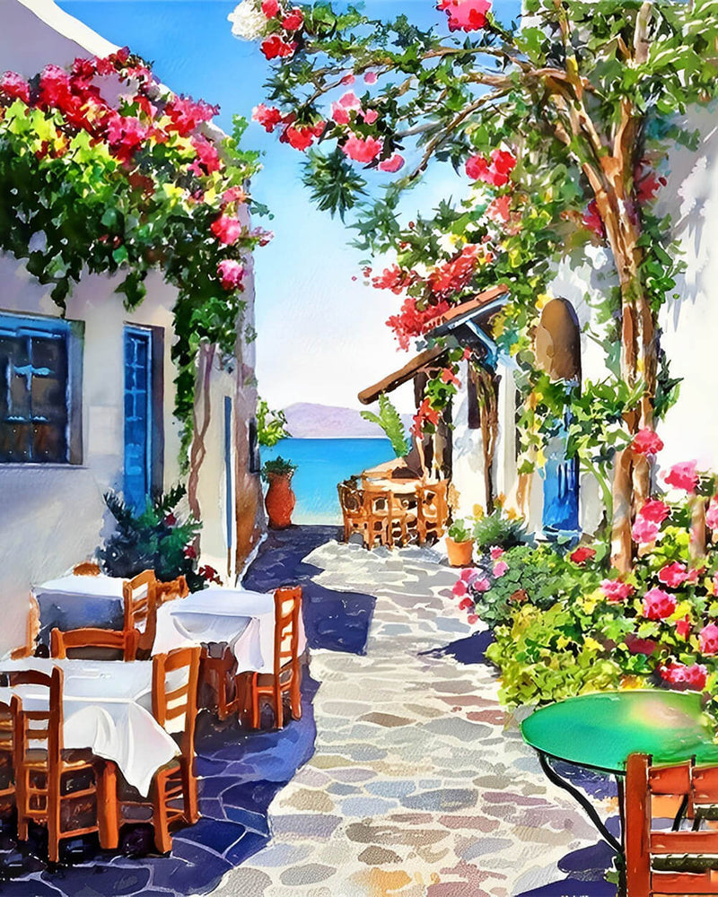 Seaside Town and Flower Tree Diamond Painting