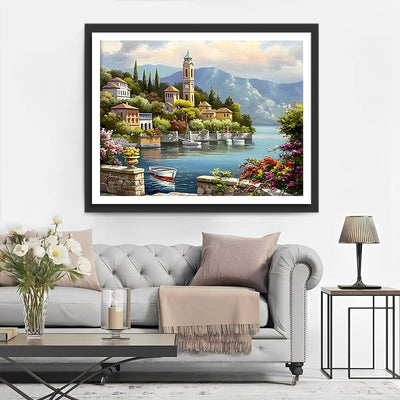 Seaside Town and Mountains Diamond Painting 