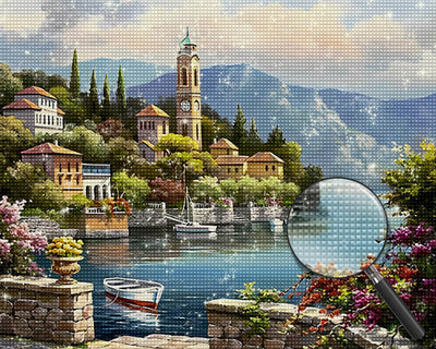 Seaside Town and Mountains Diamond Painting 