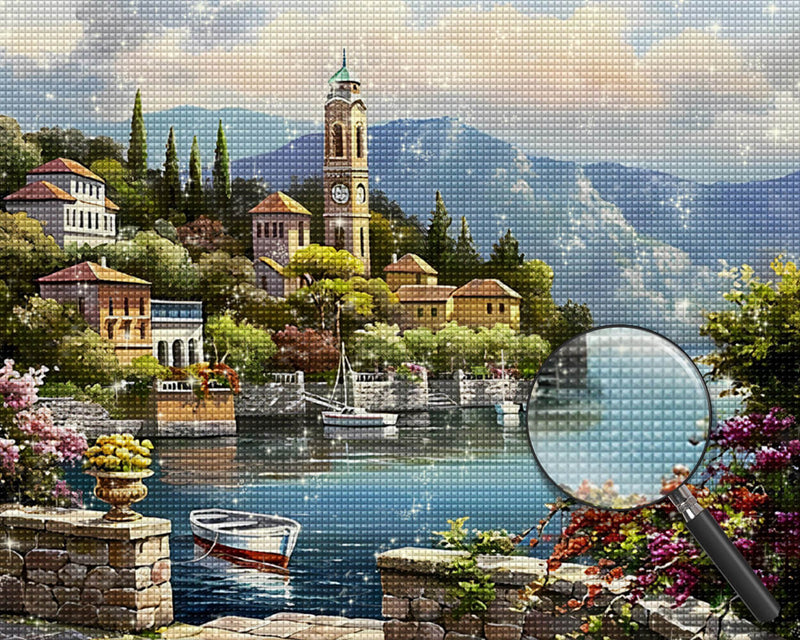 Seaside Town and Mountains Diamond Painting 