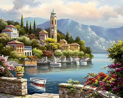 Seaside Town and Mountains Diamond Painting 