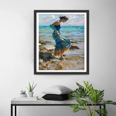 Seaside Woman in Blue Dress Diamond Painting