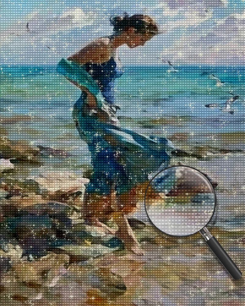 Seaside Woman in Blue Dress Diamond Painting
