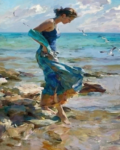 Seaside Woman in Blue Dress Diamond Painting