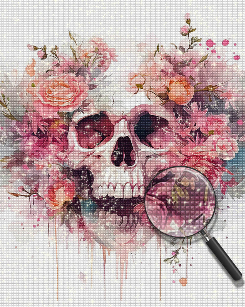 Skull between Pink Flowers Diamond Painting
