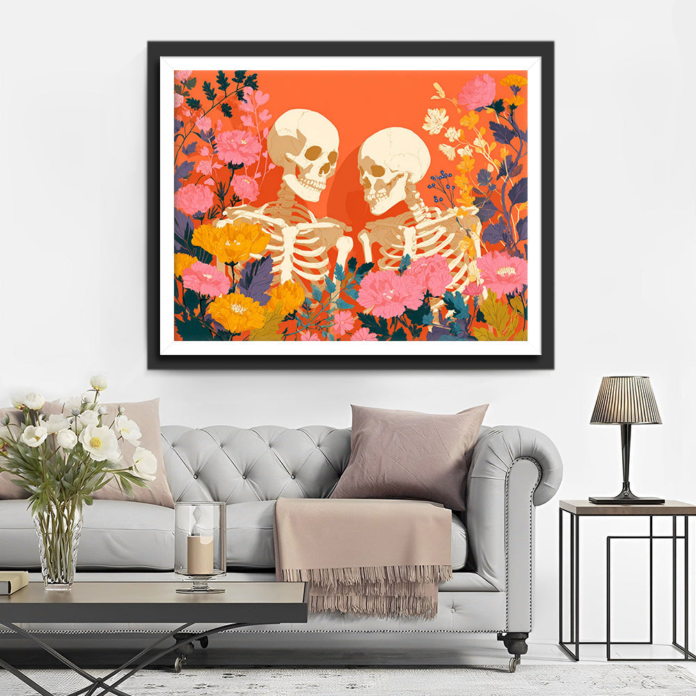 Skull Couple surrounded by Flowers Diamond Painting