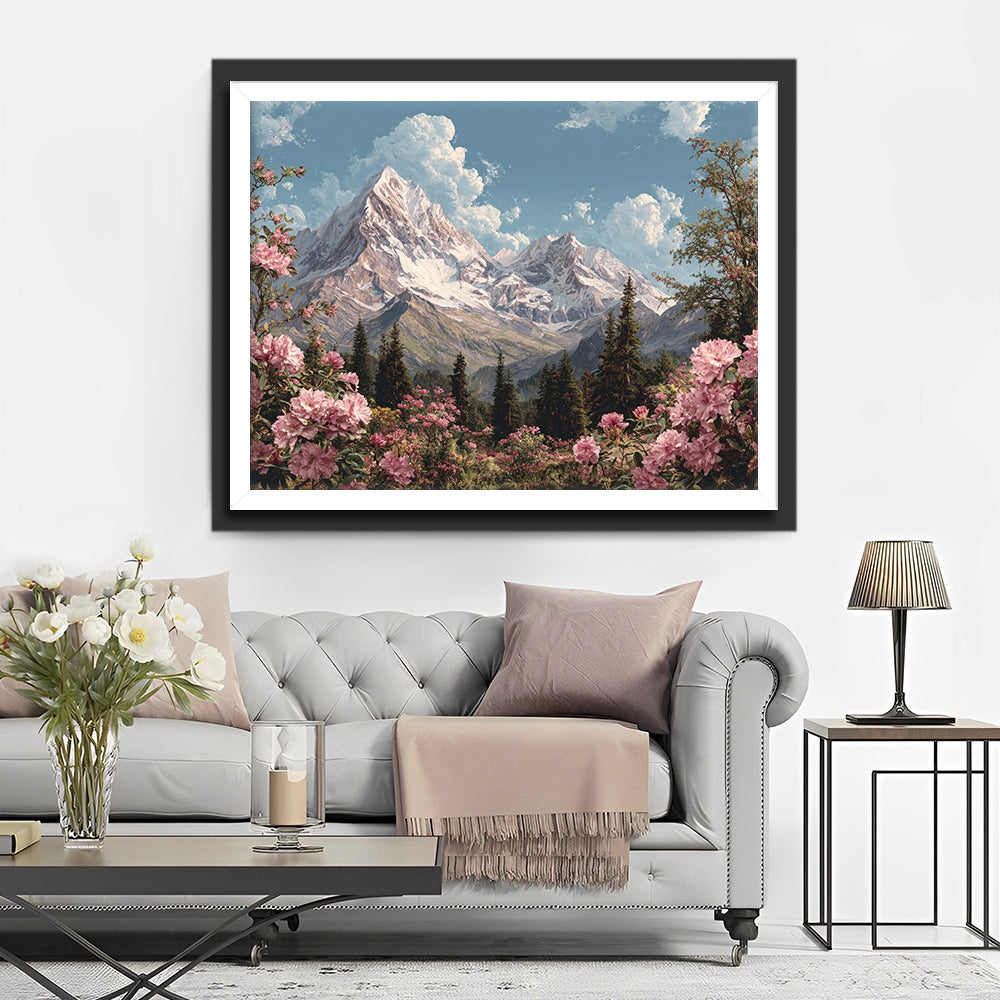 Snow-Capped Peaks, Dense Forests, and Blooming Pink Rhododendrons Diamond Painting