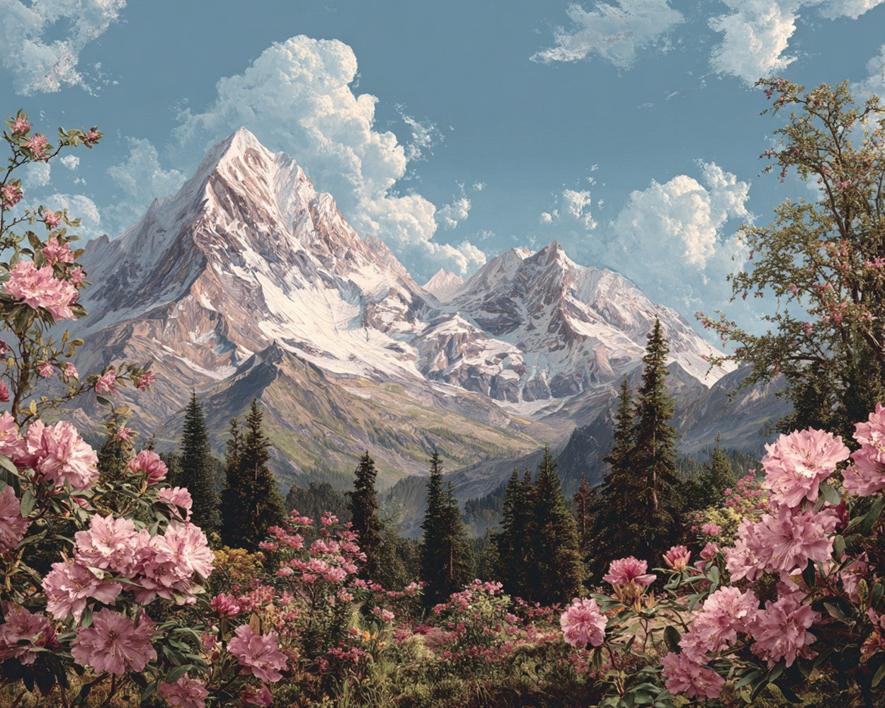 Snow-Capped Peaks, Dense Forests, and Blooming Pink Rhododendrons Diamond Painting