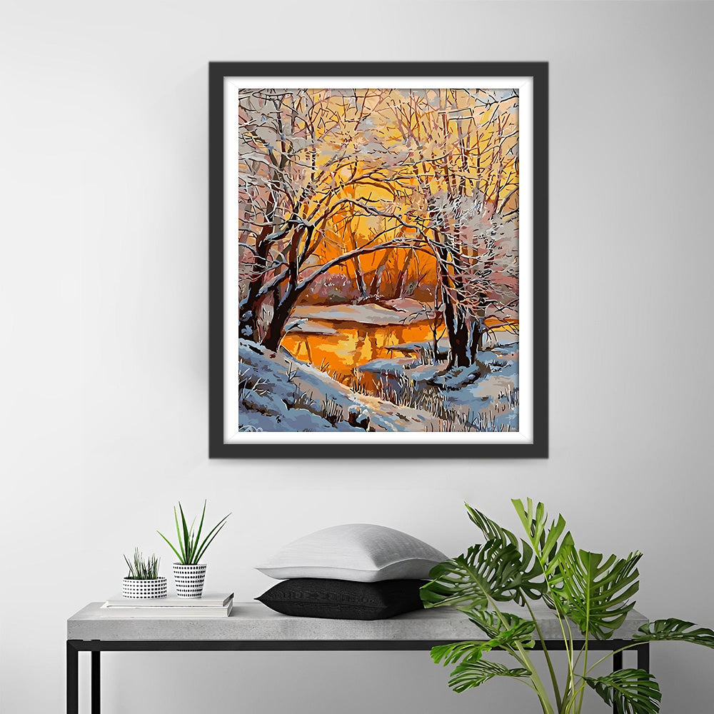Snowy Forest at Sunset Diamond Painting