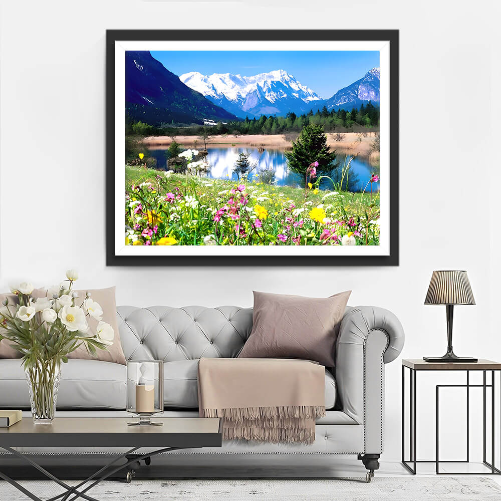 Snowy Mountain, Flower Field and Lake Diamond Painting
