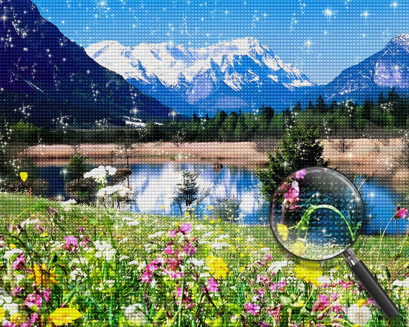 Snowy Mountain, Flower Field and Lake Diamond Painting