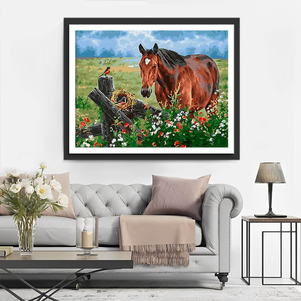 Spring Daisies and Brown Horse Diamond Painting