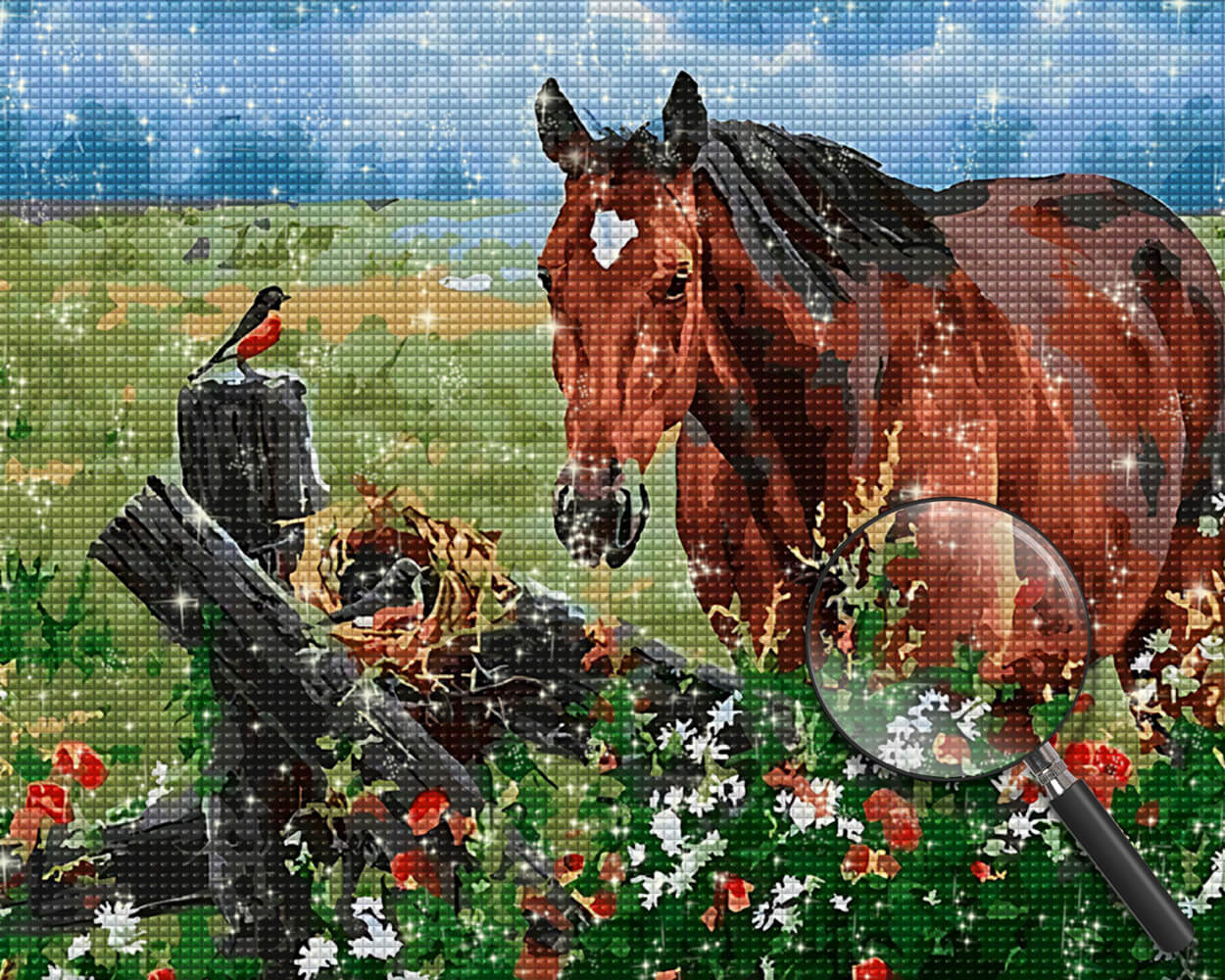 Spring Daisies and Brown Horse Diamond Painting