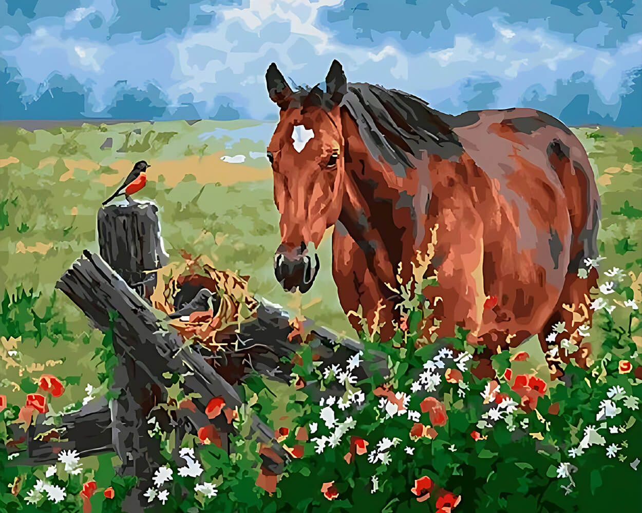 Spring Daisies and Brown Horse Diamond Painting
