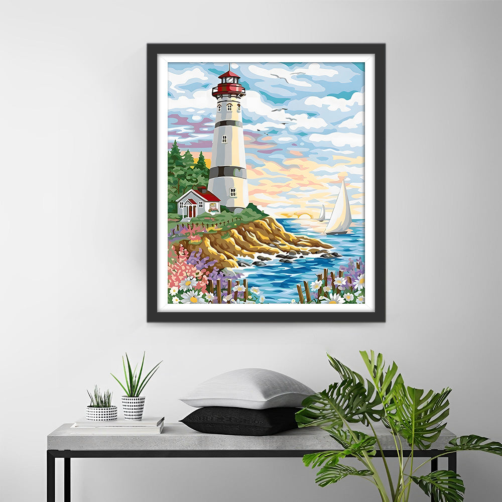 Spring Lighthouse and Sailboats Diamond Painting