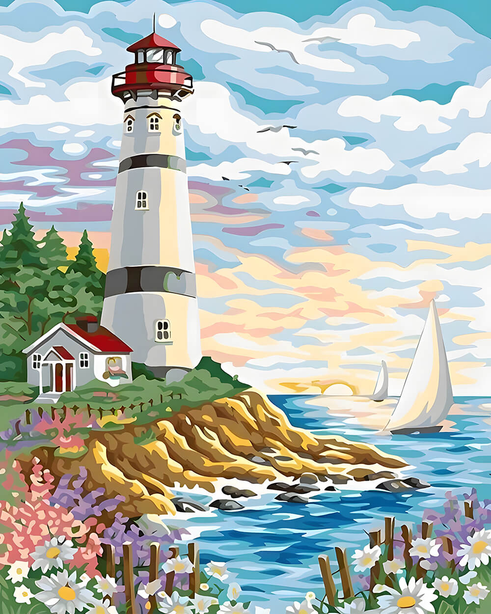 Spring Lighthouse and Sailboats Diamond Painting