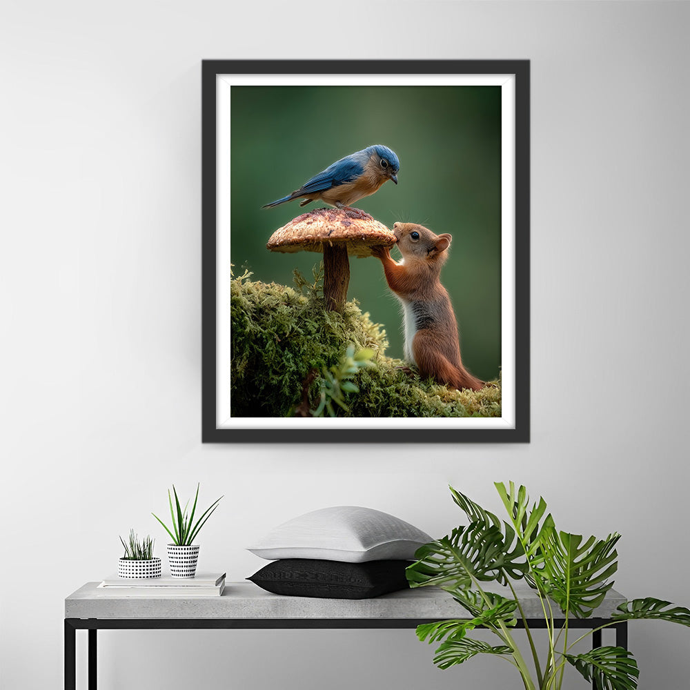 Squirrel, Mushroom and Blue Bird Diamond Painting