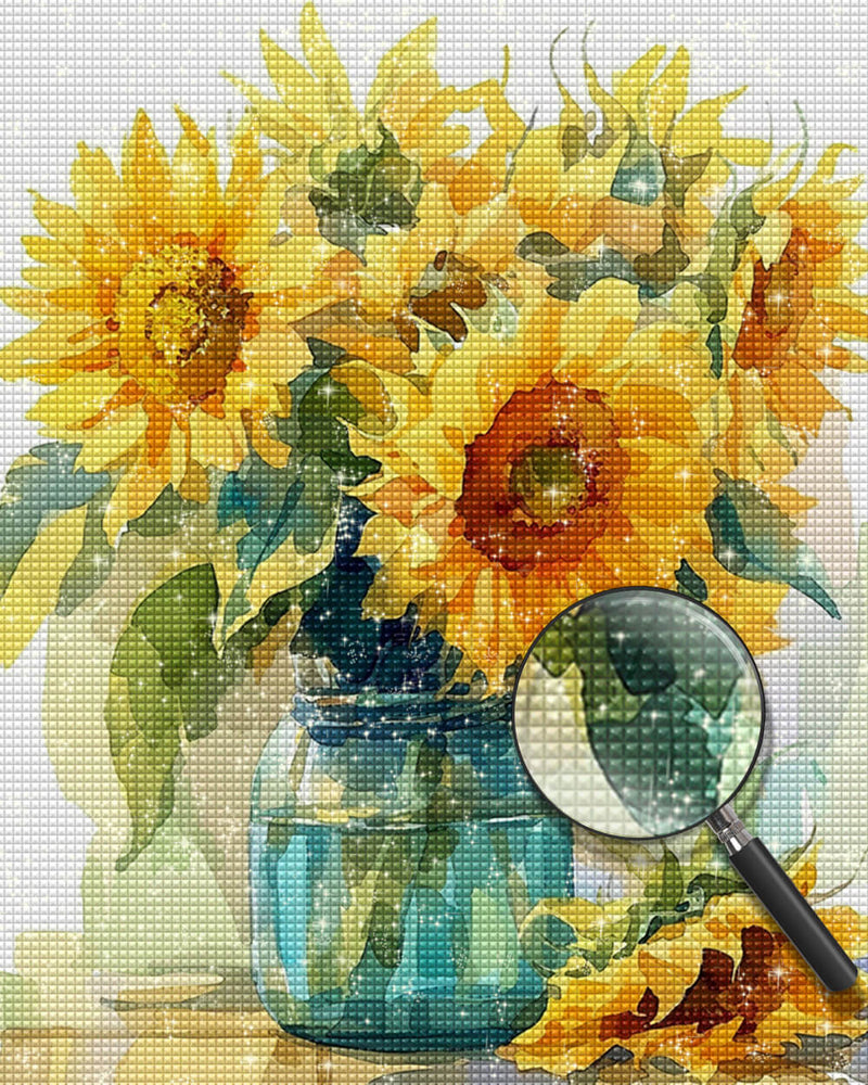 Sunflowers in a Green Glass Bottle Diamond Painting