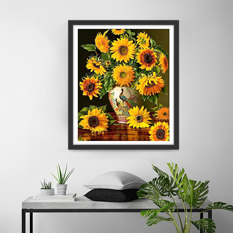 Sunflowers in a Peacock Porcelain Vase Diamond Painting