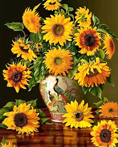Sunflowers in a Peacock Porcelain Vase Diamond Painting