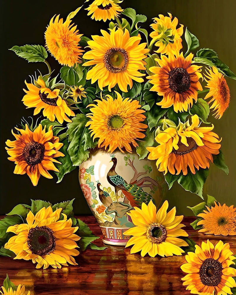 Sunflowers in a Peacock Porcelain Vase Diamond Painting