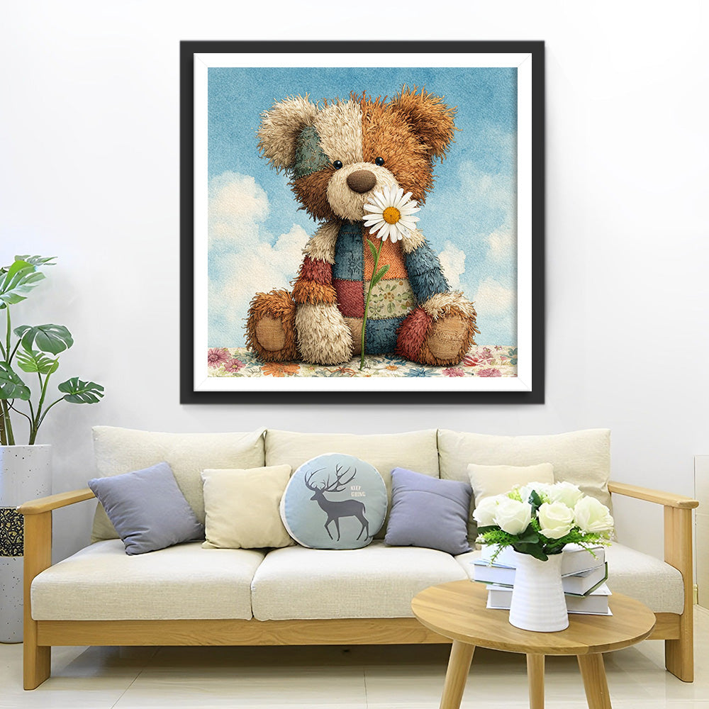 Teddy Bear and White Daisy Diamond Painting