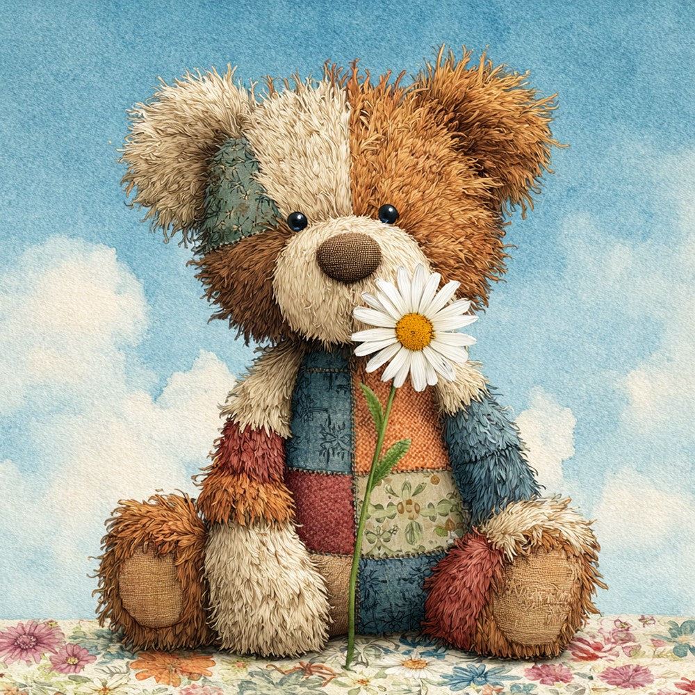 Teddy Bear and White Daisy Diamond Painting