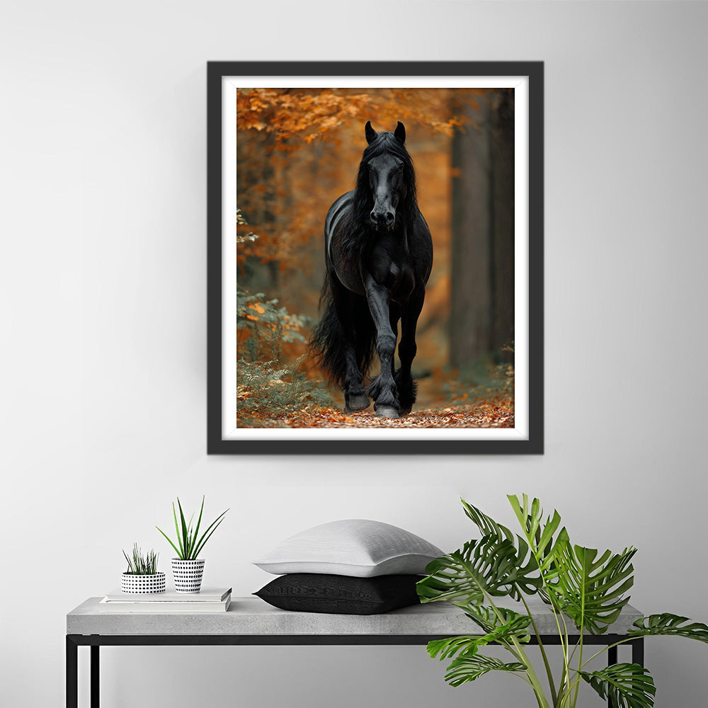 The Athletic Black Horse in the Autumn Forest Diamond Painting