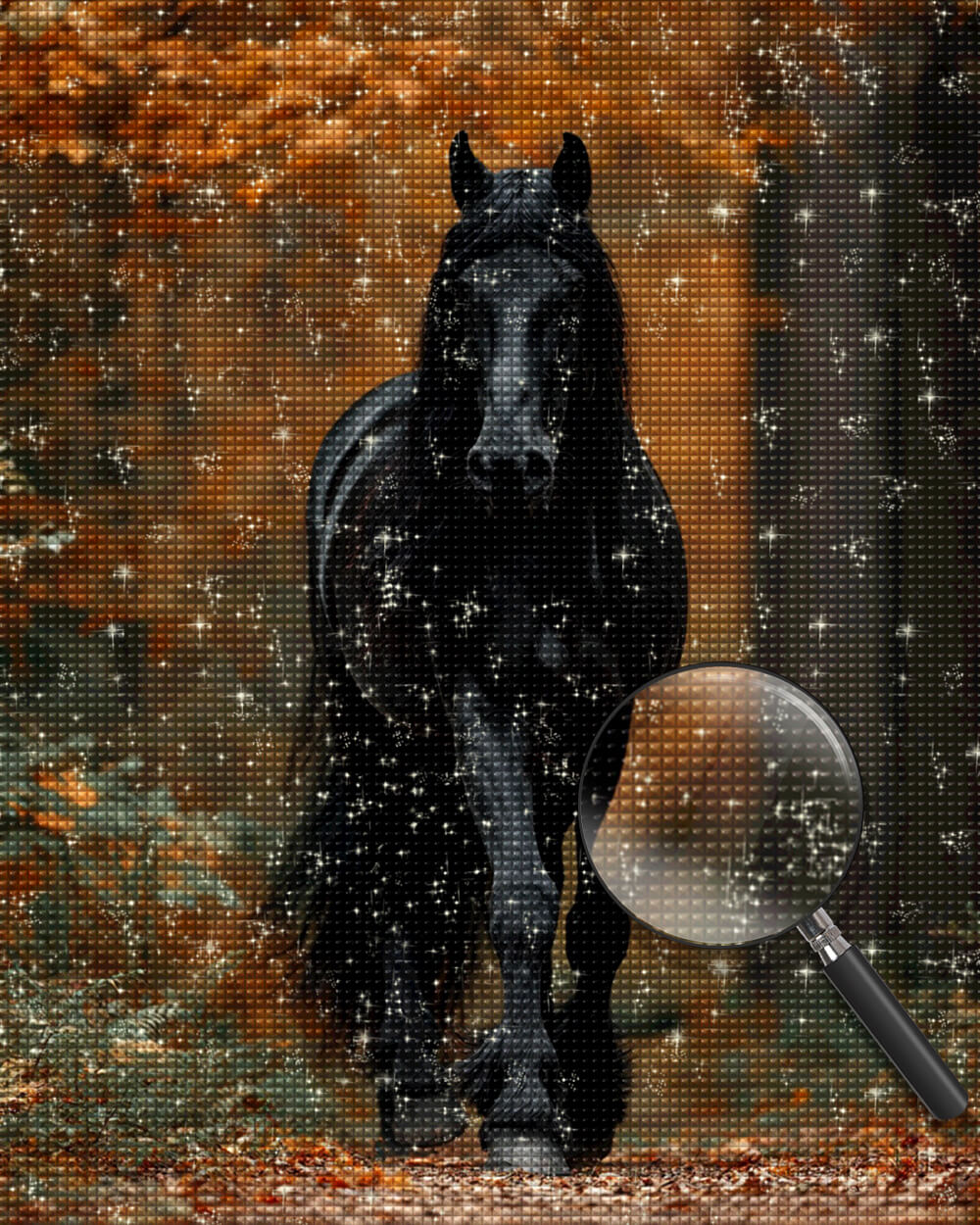 The Athletic Black Horse in the Autumn Forest Diamond Painting