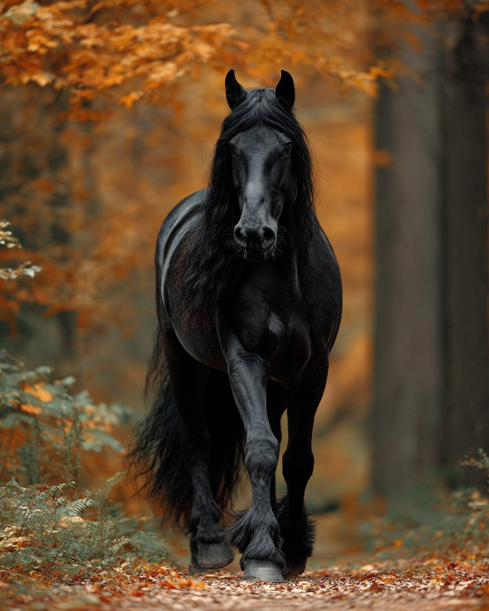 The Athletic Black Horse in the Autumn Forest Diamond Painting