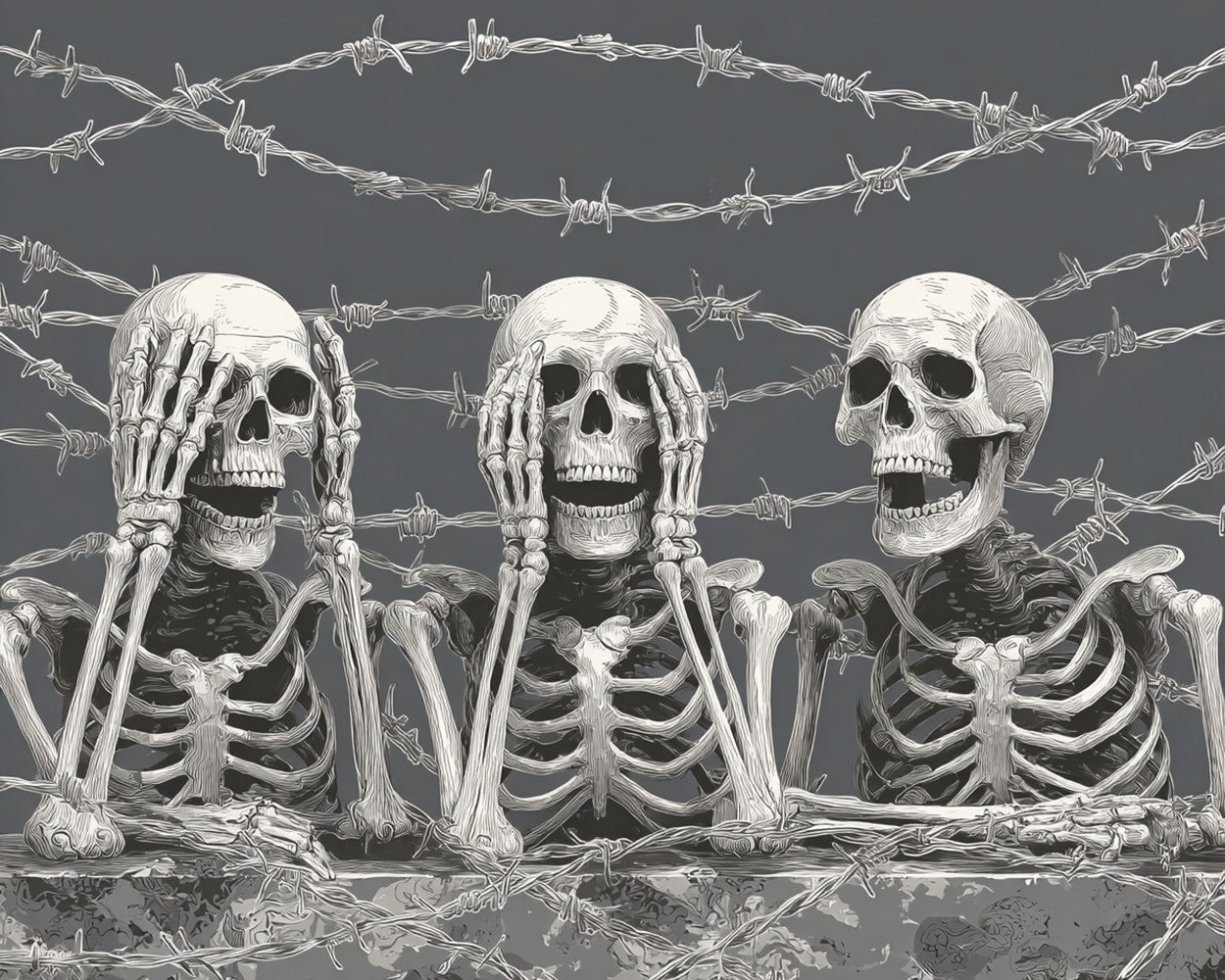 Three Skulls surrounded by Wire Mesh Diamond Painting