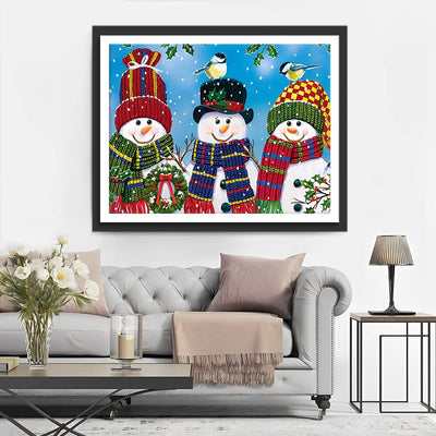 Three Snowmen Wearing Scarves and Hats Diamond Painting