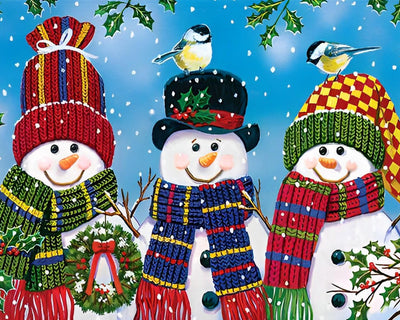 Three Snowmen Wearing Scarves and Hats Diamond Painting