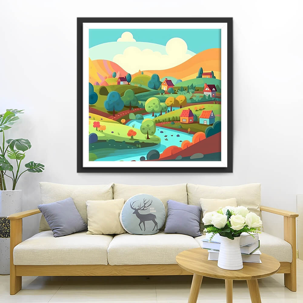 Trees and Houses on the Hillside in Summer Diamond Painting