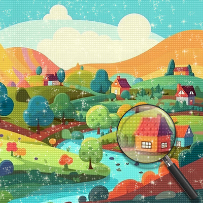 Trees and Houses on the Hillside in Summer Diamond Painting