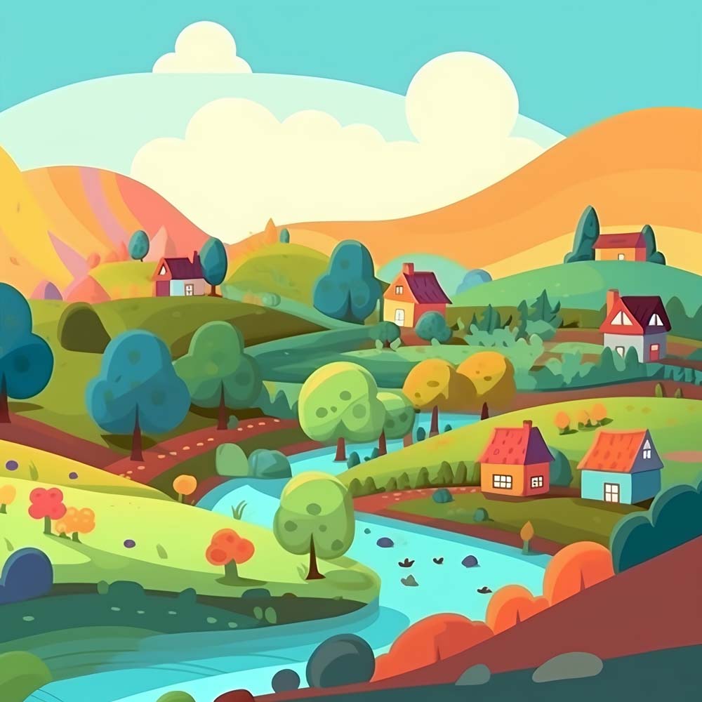 Trees and Houses on the Hillside in Summer Diamond Painting